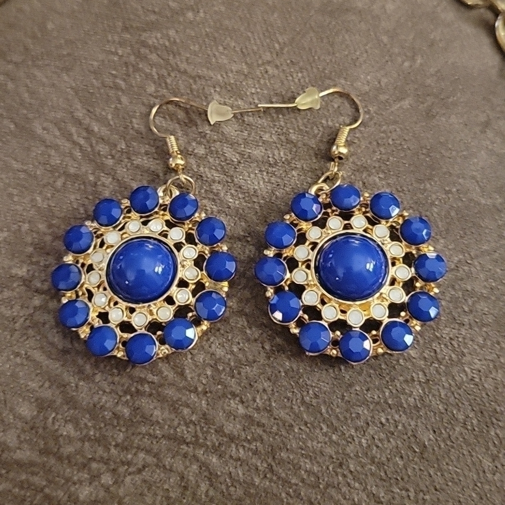 VTG Y2k Royal Blue Floral Chain Necklace Earrings Set - Picture 3 of 12